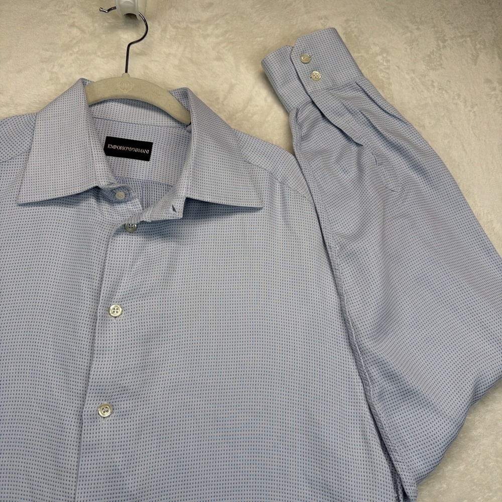 Emporio Armani Dress Shirt Men's 42 16.5 Blue Micro Dot Button Up‎ Long Sleeve